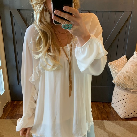 Plus Size | Boho Ruffle White Chiffon Blouse - Picture 2 of 7